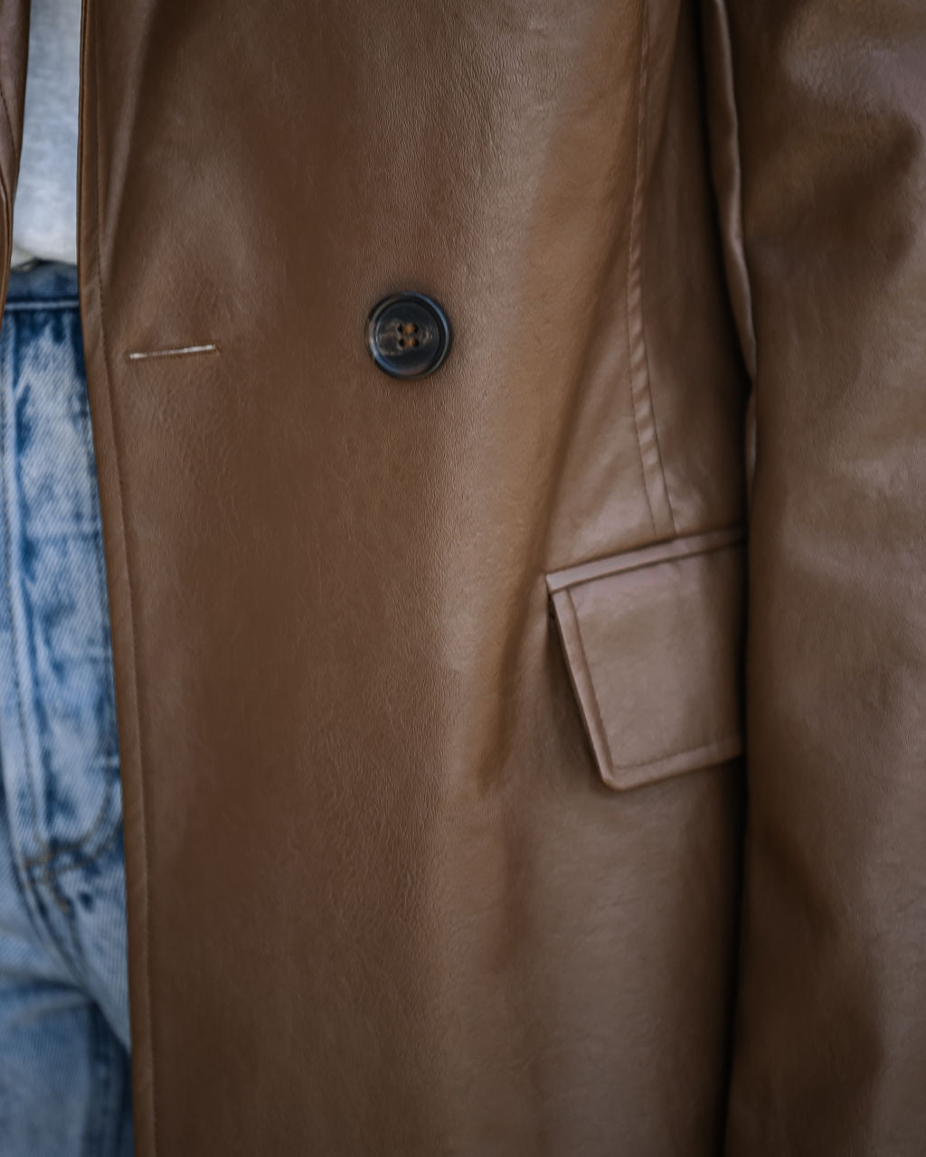 Top Of The Press Pocketed Faux Leather Trench Coat - Chestnut