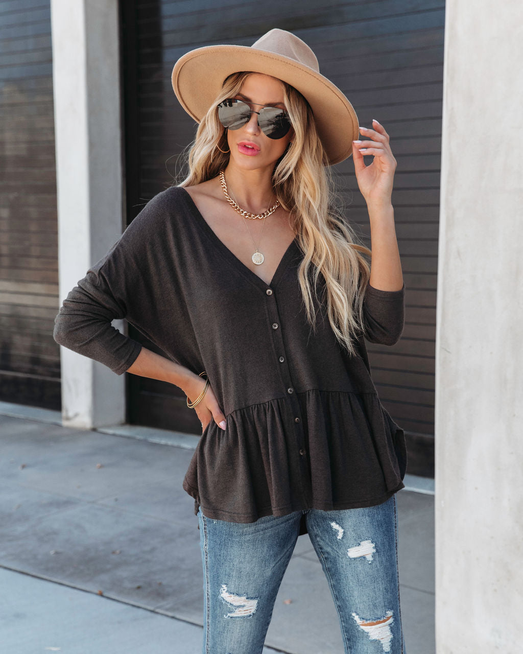 Be Playful Button Down Knit Peplum Top - Asphalt - SALE