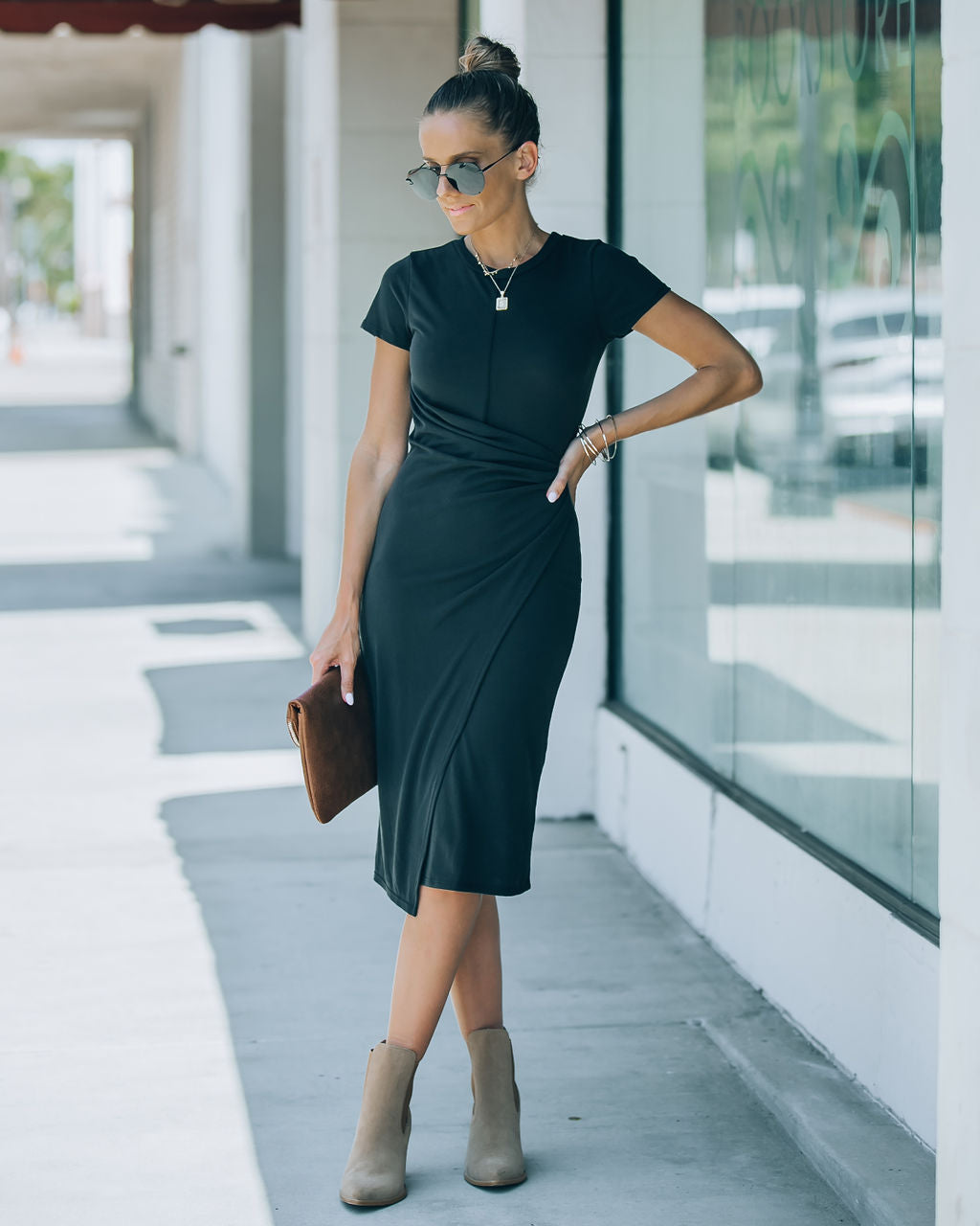 Rachel Side Ruched Midi Dress - Black - FINAL SALE