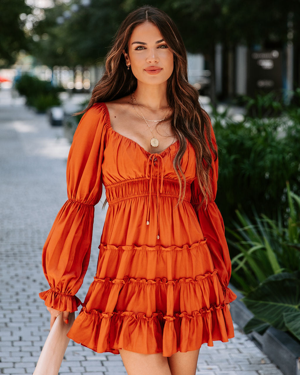 Unrequited Romance Tiered Front Tie Mini Dress - Burnt Orange
