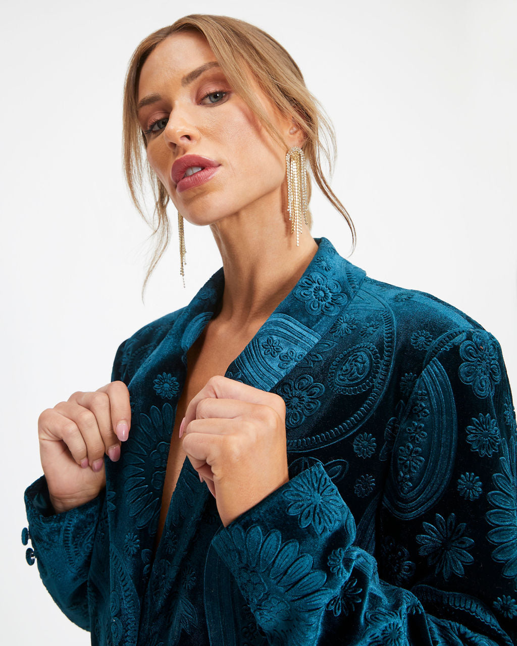 Top Of The Mark Pocketed Floral Embossed Blazer - Dark Teal