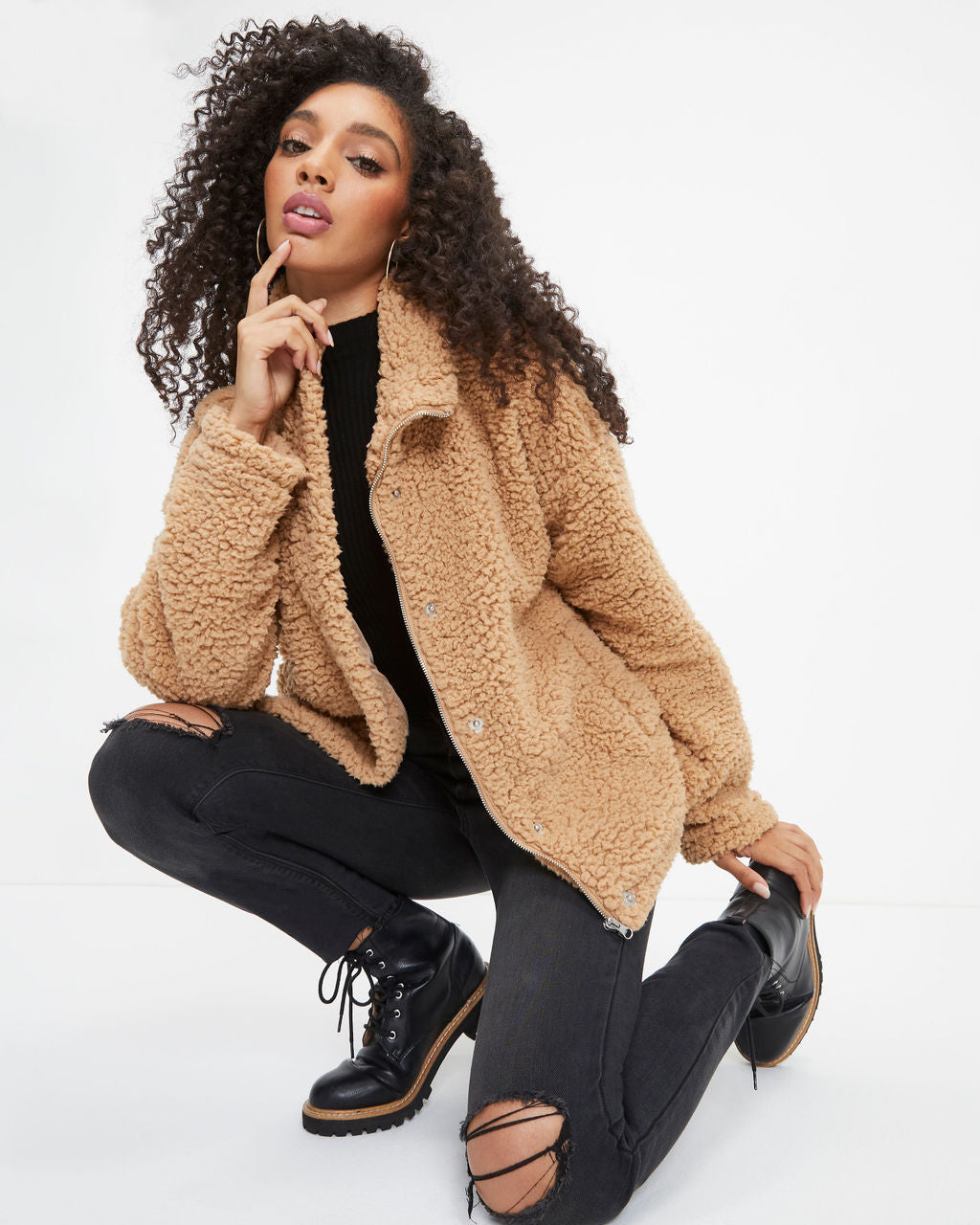 Cabin Dates Pocketed Teddy Jacket - Camel