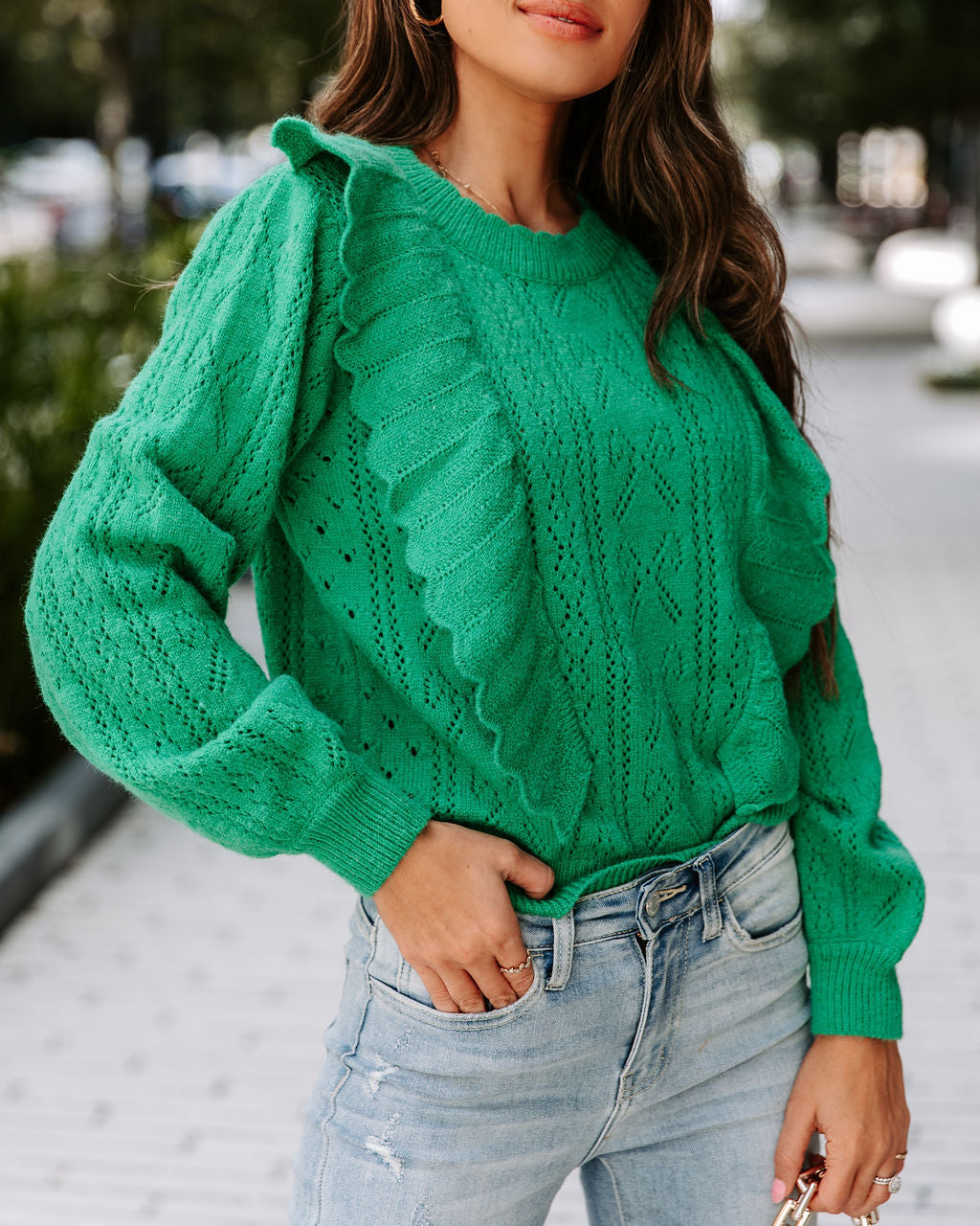 Wilson Knit Ruffle Pullover Sweater - Kelly Green - SALE