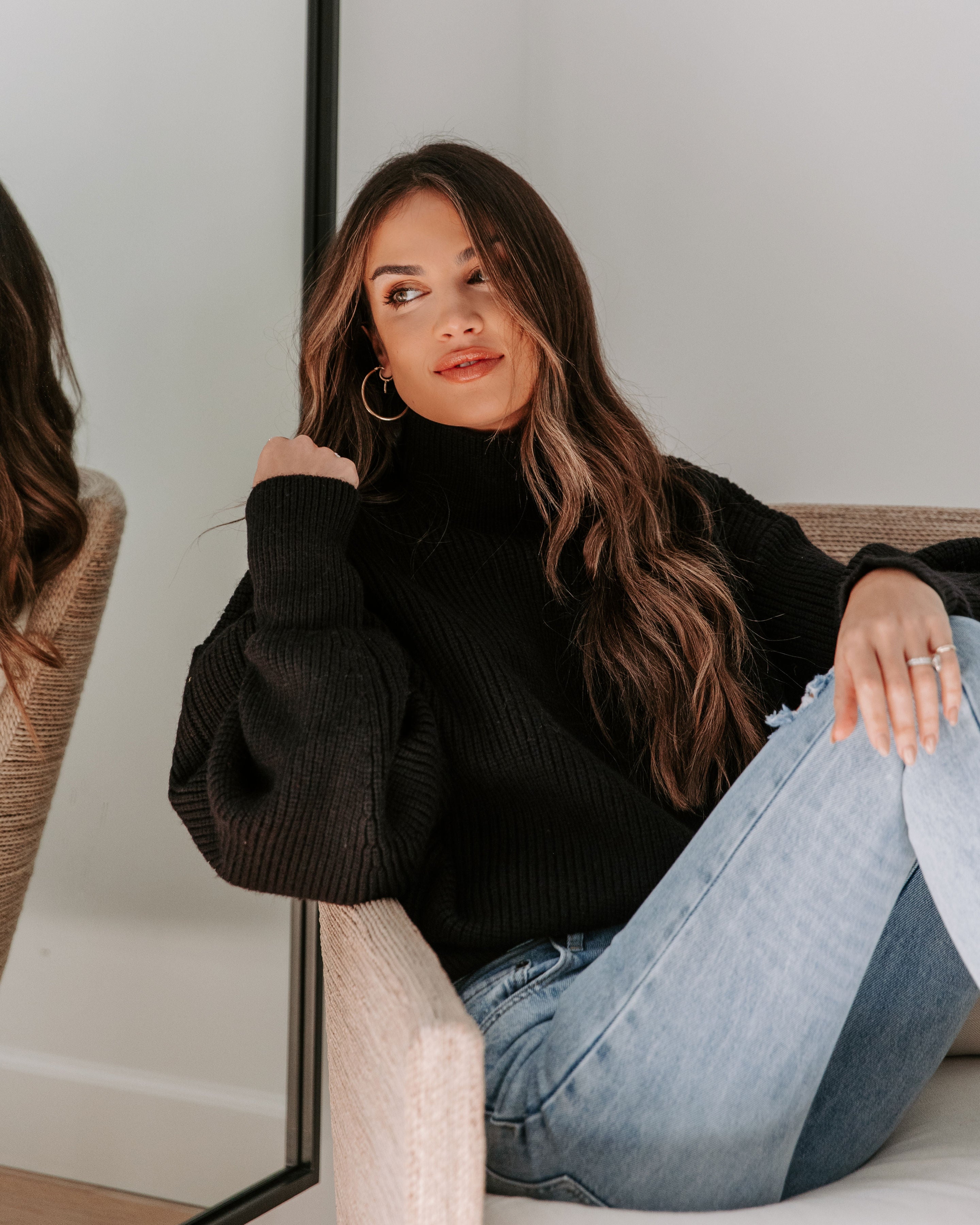 Khloe Knit Mock Neck Pullover Sweater - Black