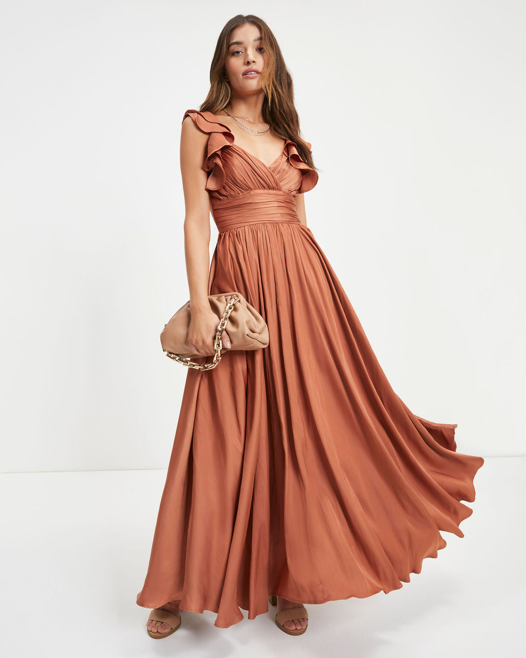 First Class Satin Ruffle Cutout Maxi Dress - Dusty Rust