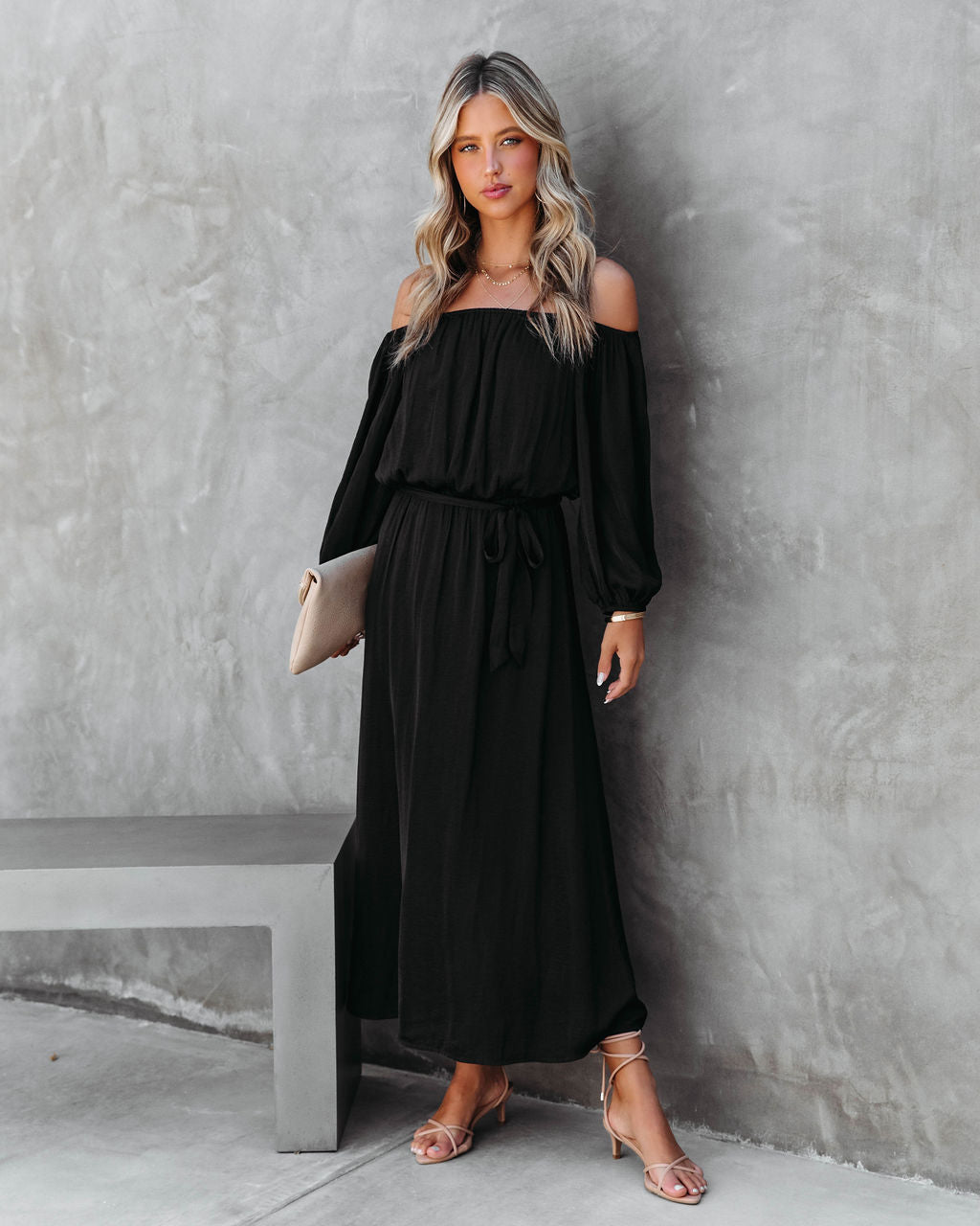 Echo Off The Shoulder Front Tie Midi Dress - Black