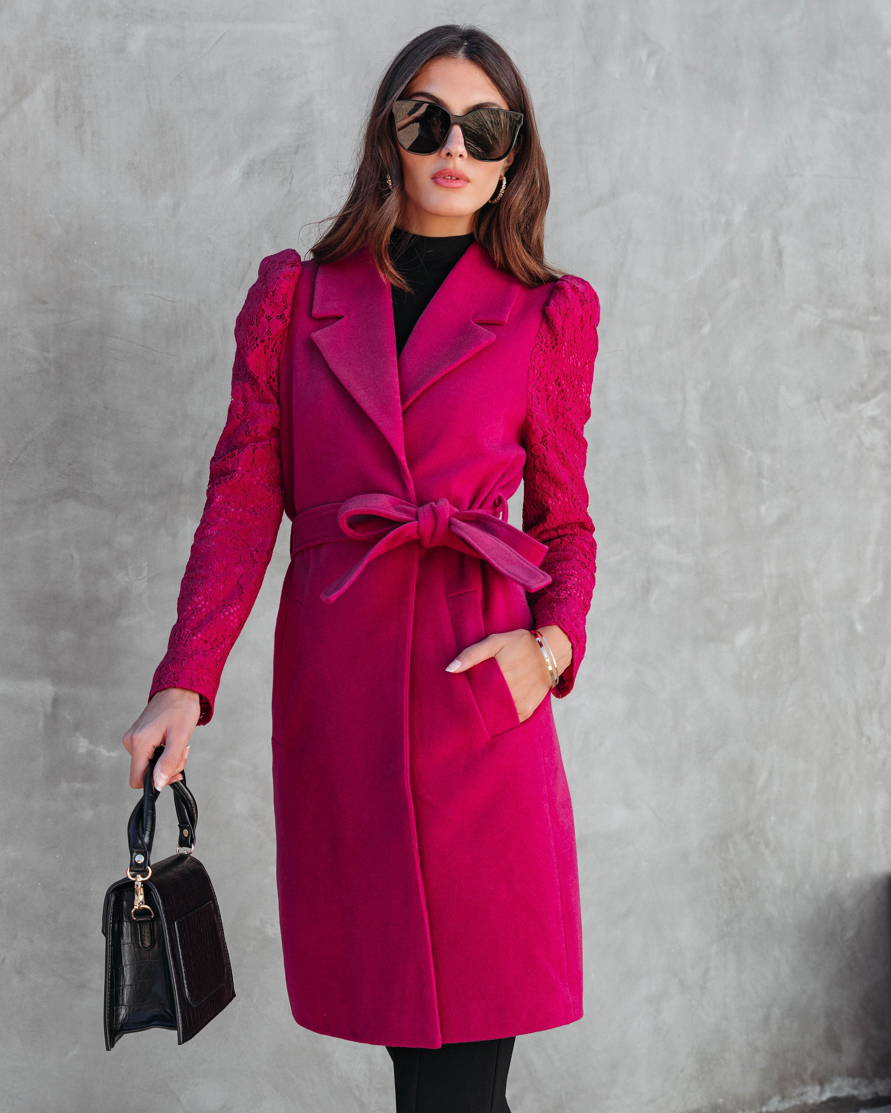 Eileen Pocketed Lace Sleeve Coat - Berry