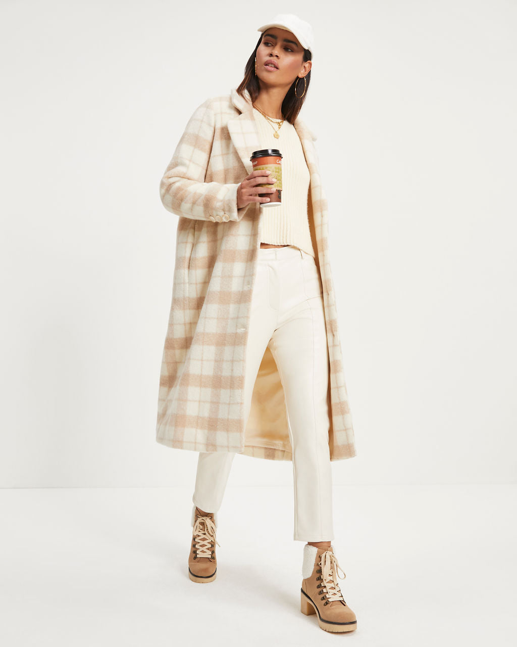City Girl Pocketed Plaid Coat - Ivory
