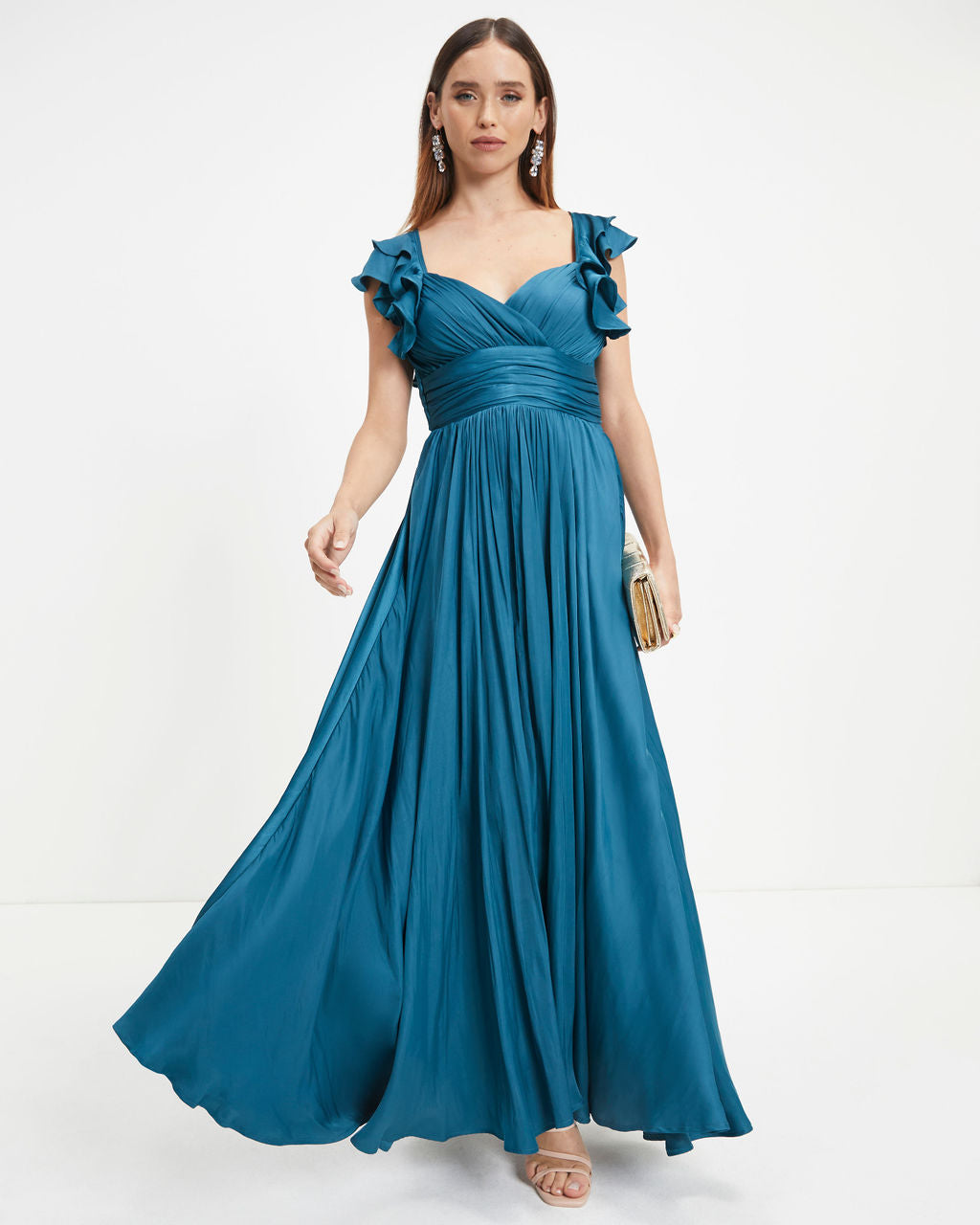 First Class Satin Ruffle Cutout Maxi Dress - Dark Teal