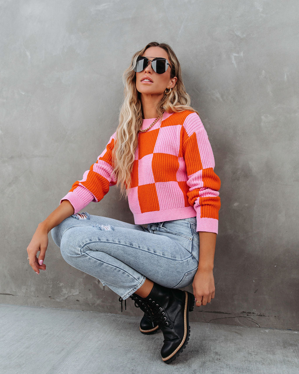 Morris Checkered Pullover Sweater - Pink/Orange Combo