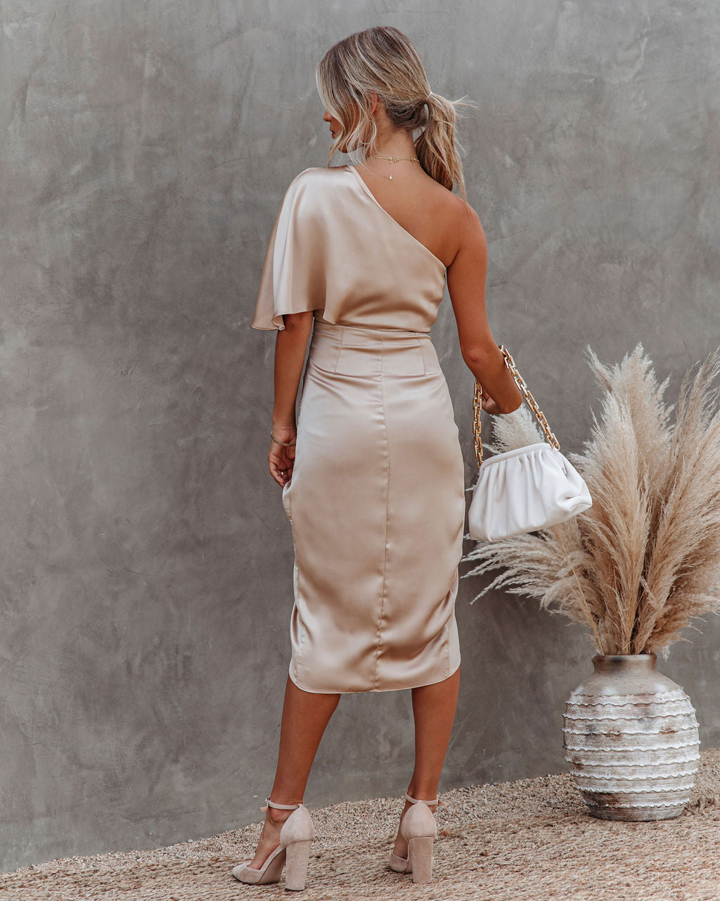 Persimmon One Shoulder Satin Drape Dress - Champagne - FINAL SALE