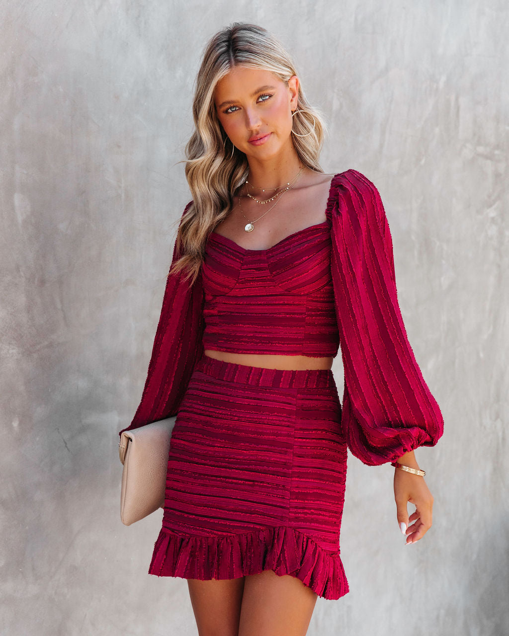 Scarlett Textured Balloon Sleeve Crop Top - Burgundy - FINAL SALE