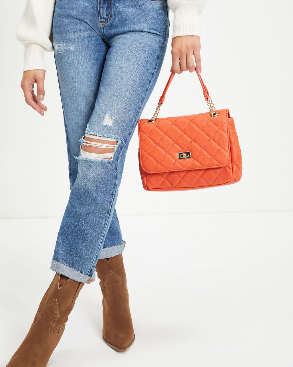 Yvette Quilted Crossbody Shoulder Bag - Orange