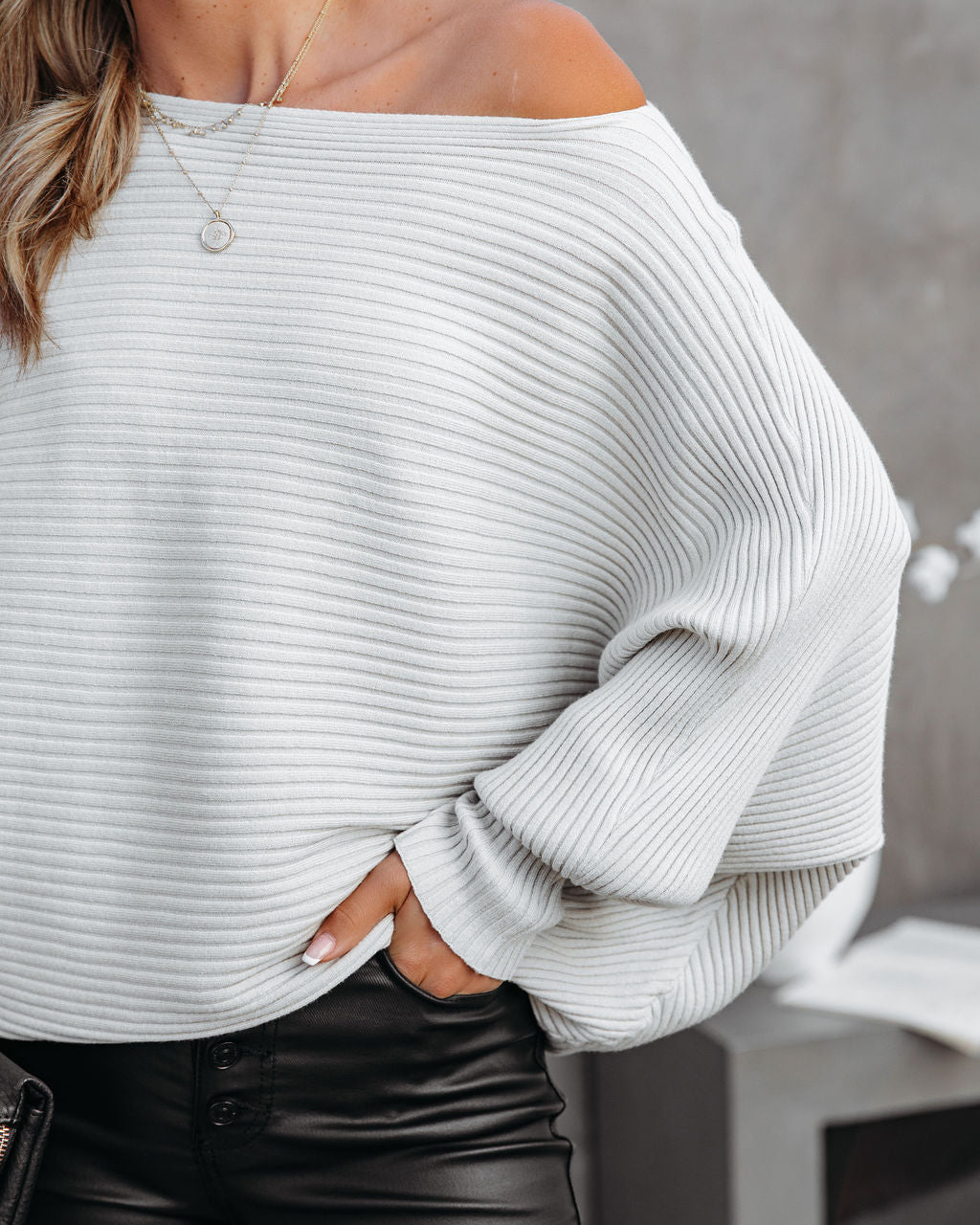 Tremont Ribbed Dolman Sweater - Light Grey