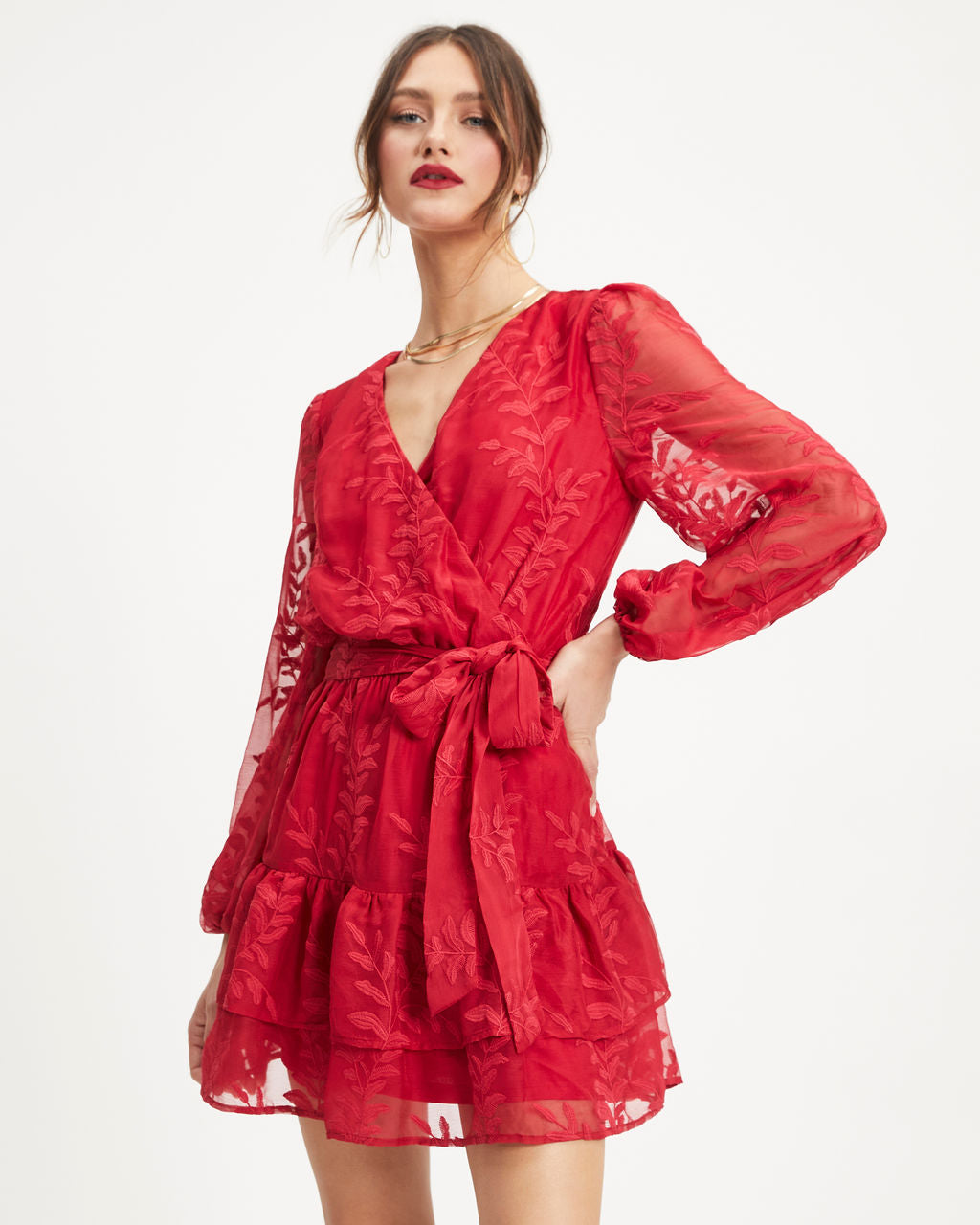 Most Gracious Embroidered Tiered Mini Dress - Red