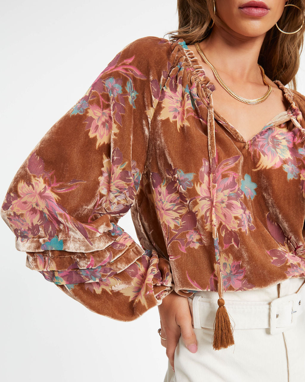 Arden Floral Burnout Velvet Top - Taupe