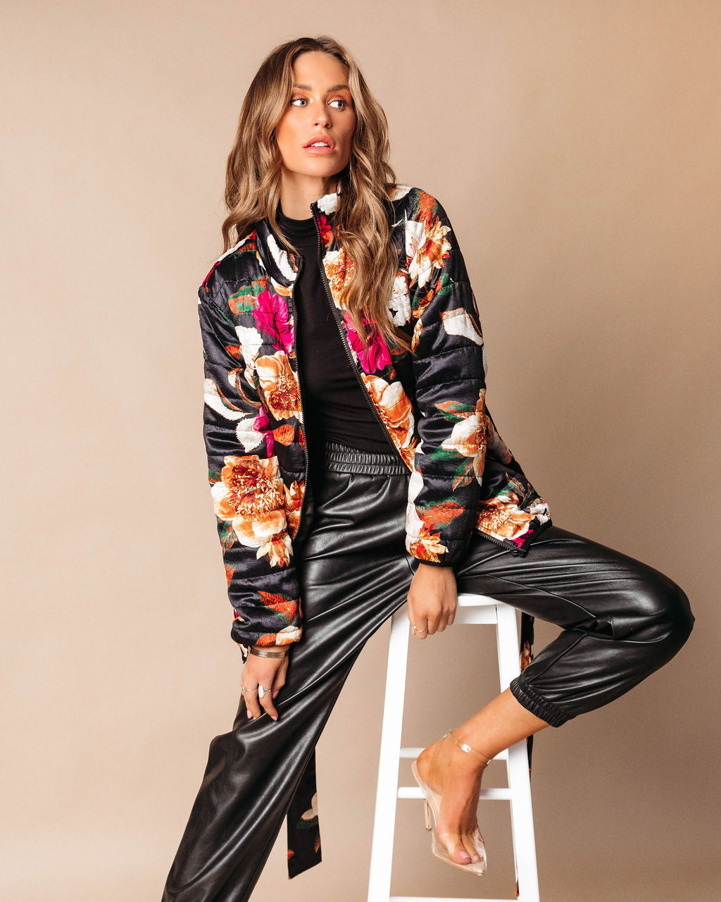 Stefani Floral Pocketed Quilted Jacket - Black