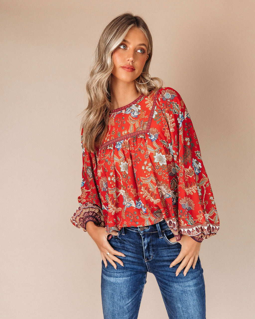 Aliana Foral Long Sleeve Top - Red