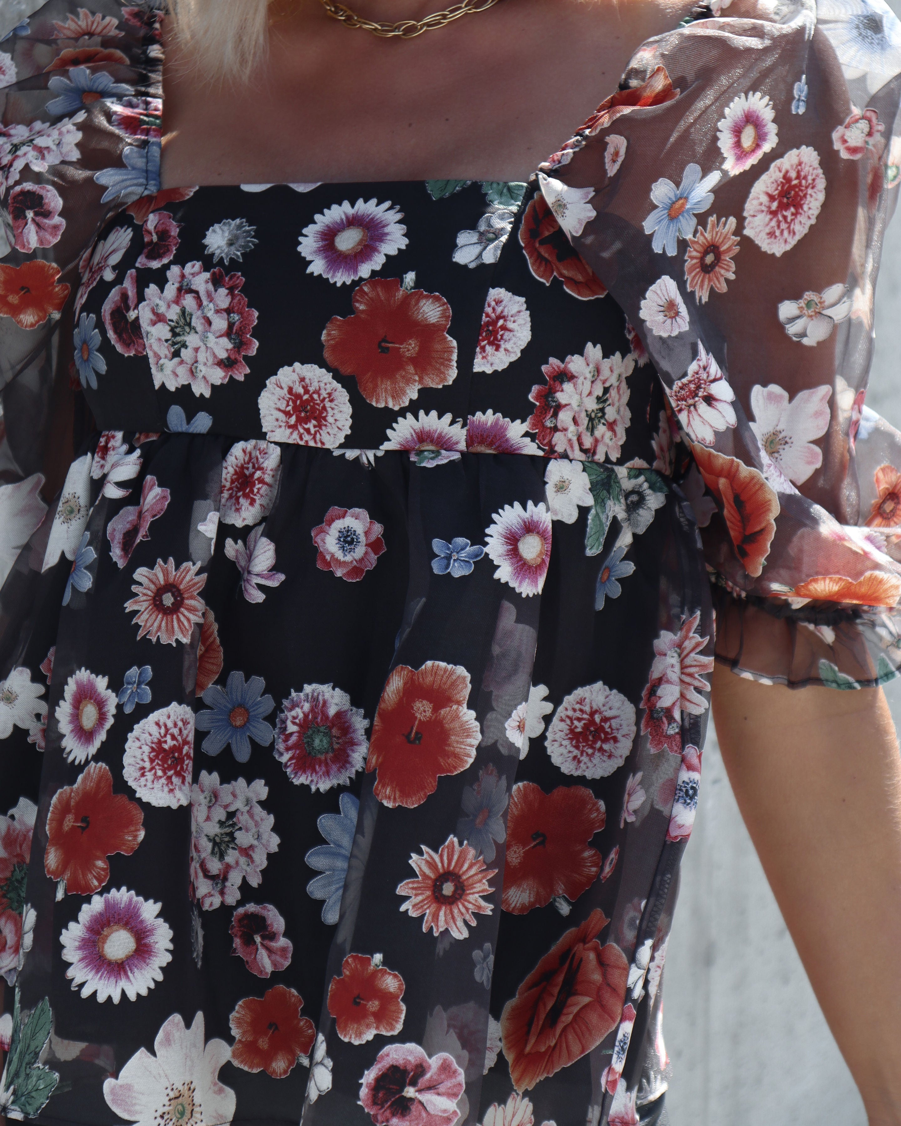 Blooming Autumn Organza Puff Sleeve Babydoll Top - Black