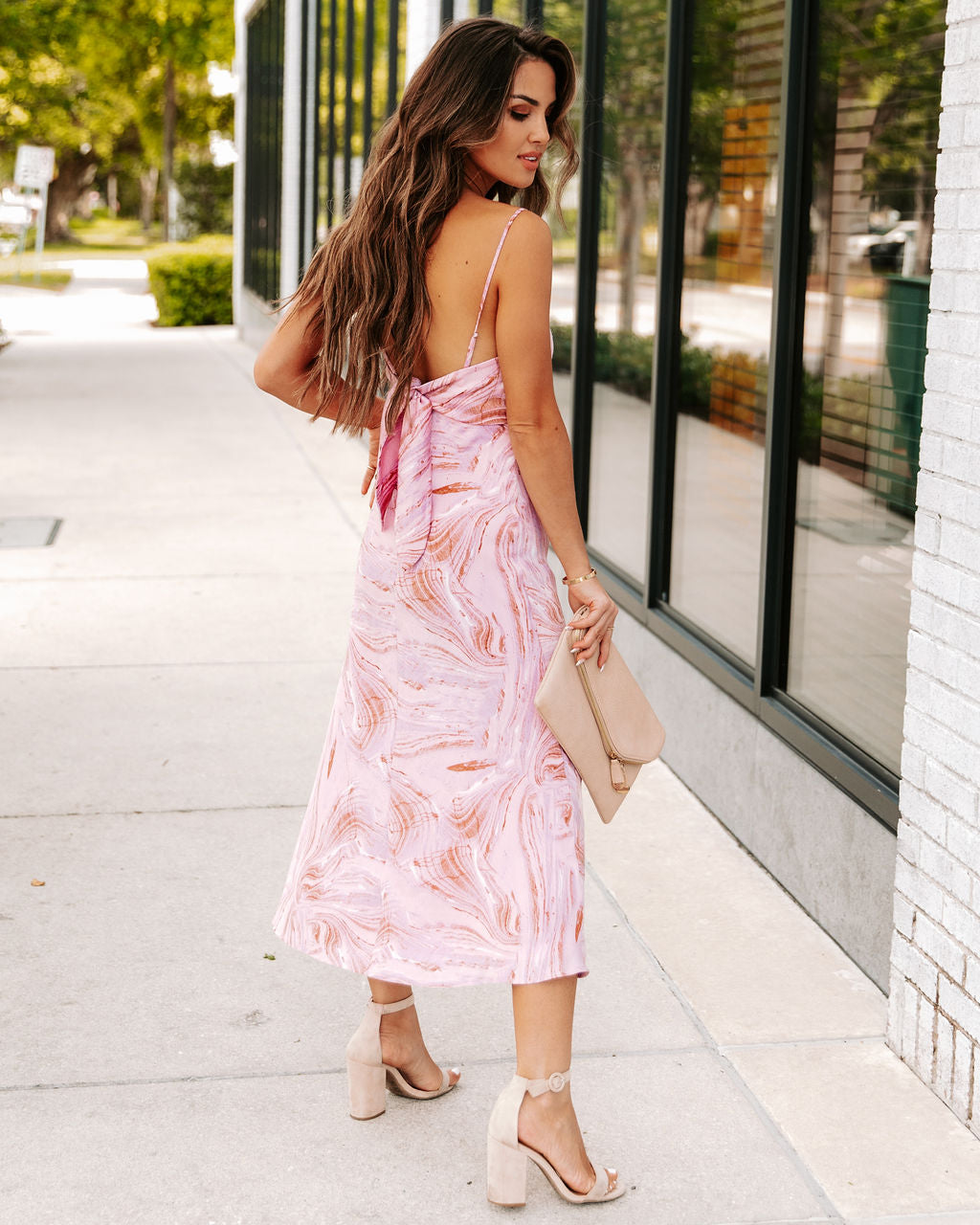 Sarai Satin Marble Print Midi Dress - Pink Lilac - SALE