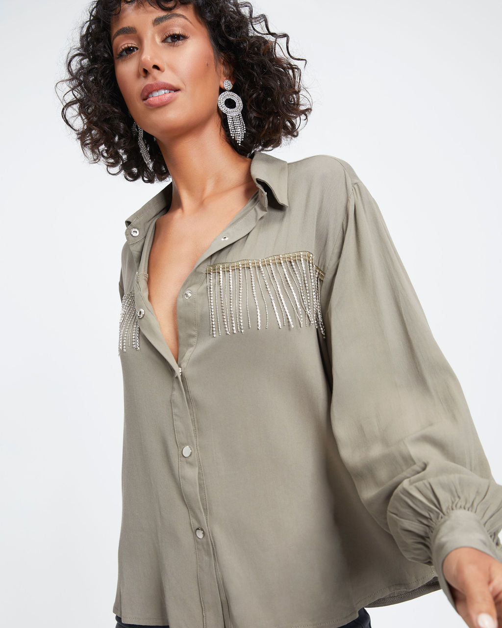 Dolly Glam Rhinestone Fringe Button Down Top - Olive