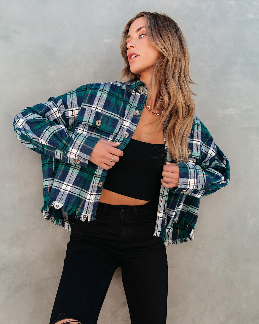 Sporadically Cool Plaid Frayed Button Down Top