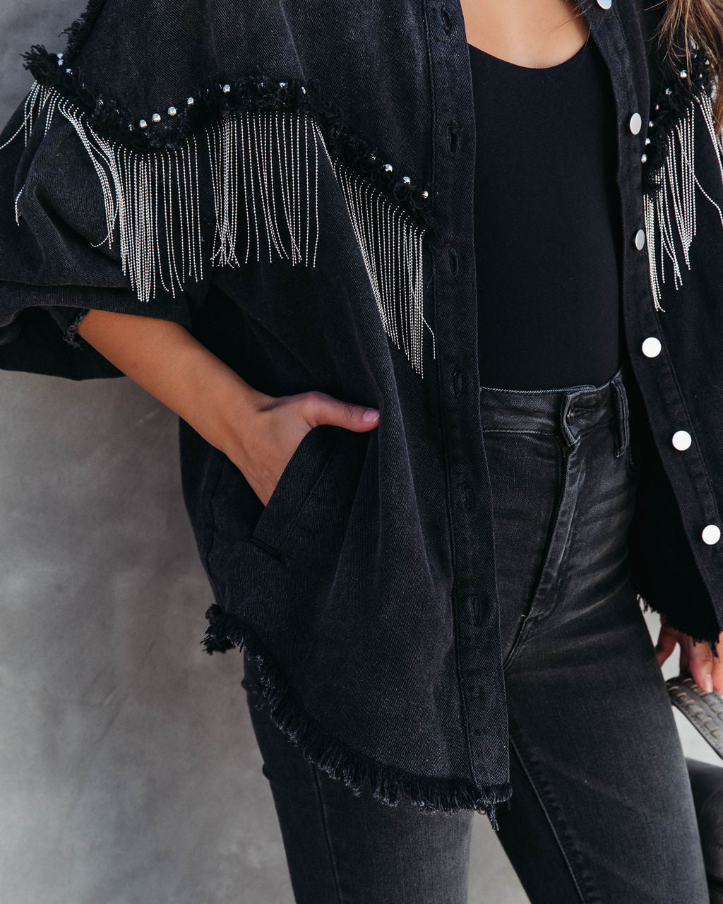 Knightly Pocketed Studded Fringe Lightweight Jacket - Black