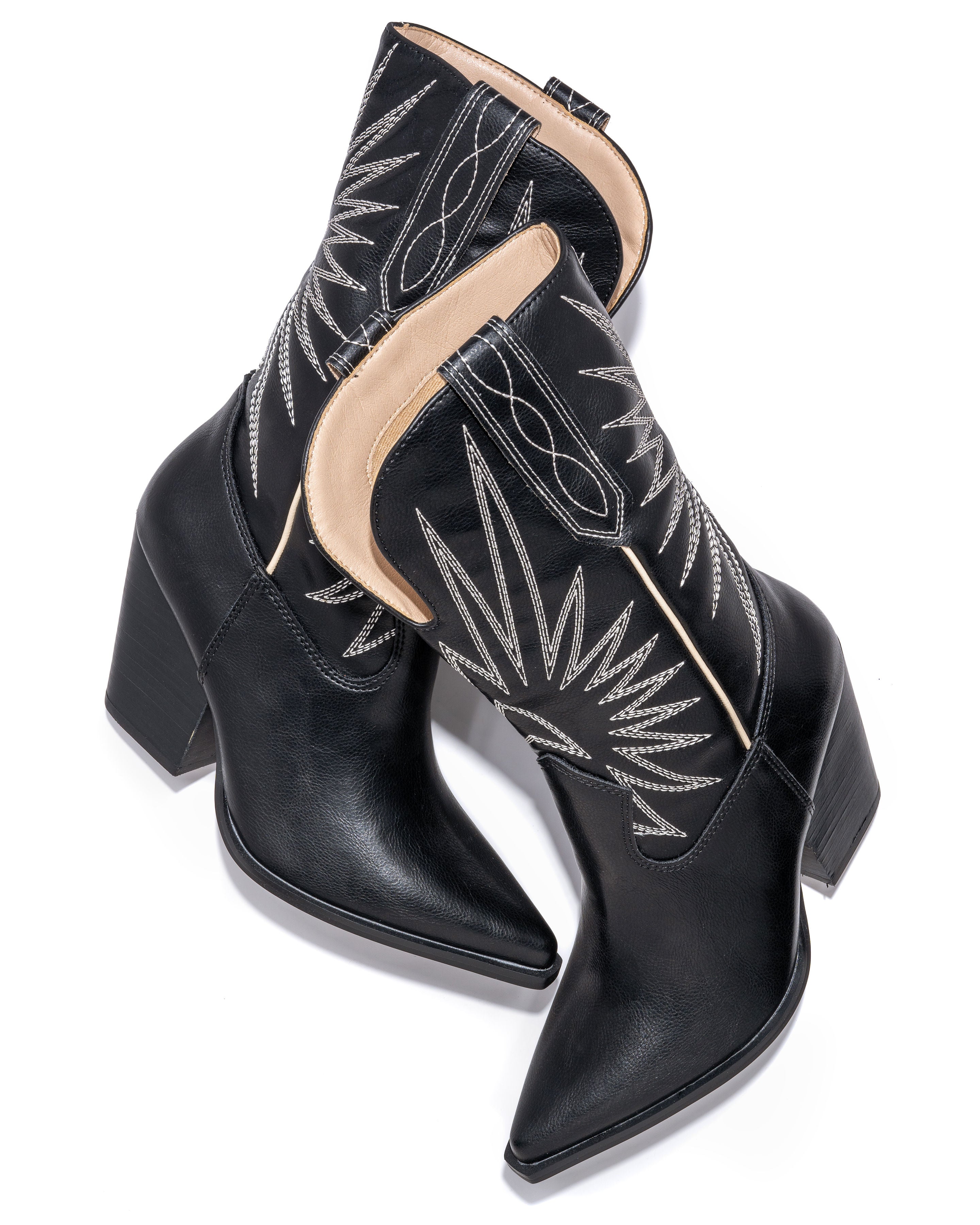 Liya Embroidered Heeled Western Boot - Black