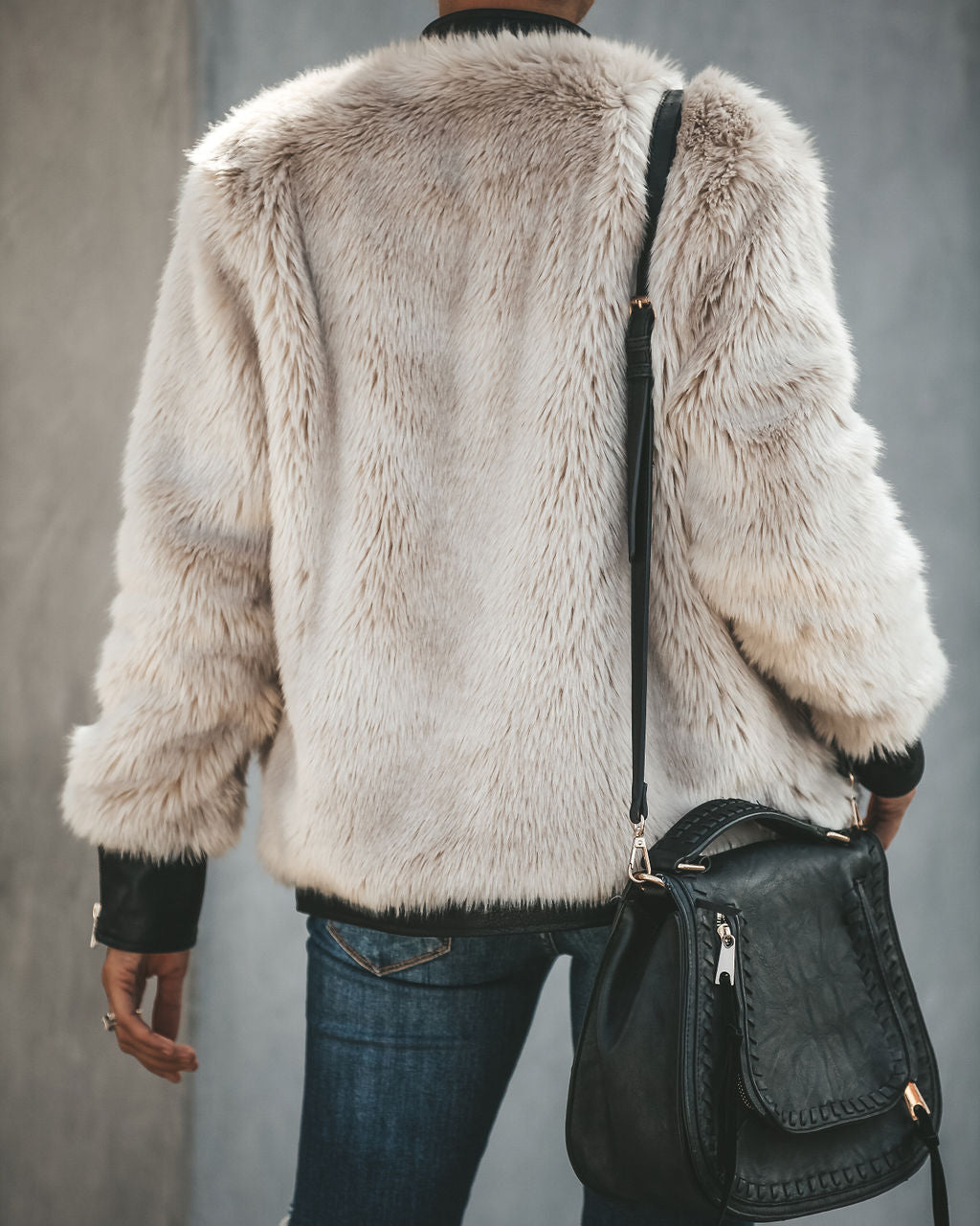 Vanity Faux Fur Leather Trim Pocketed Jacket