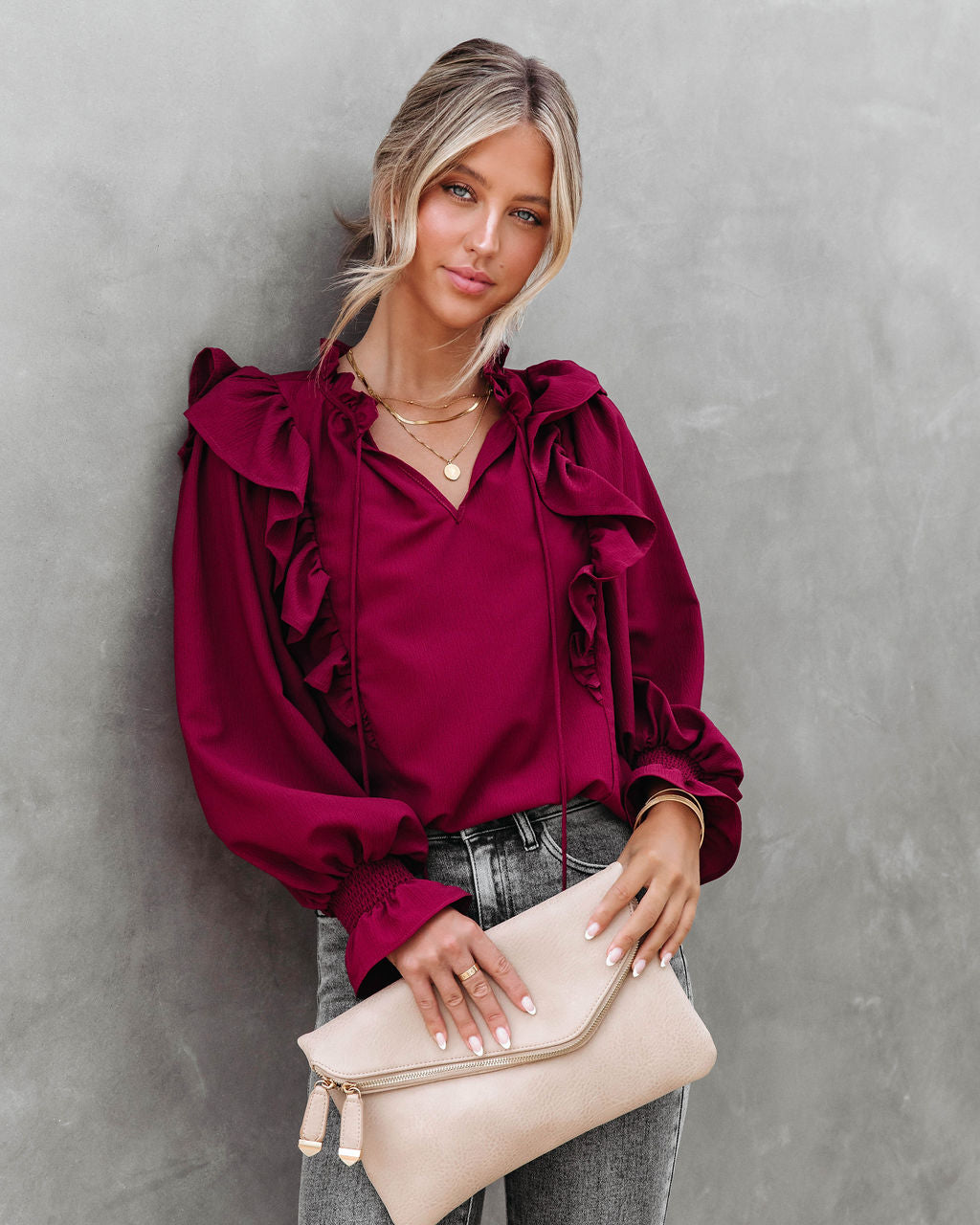 Marion Ruffle Long Sleeve Top - Burgundy
