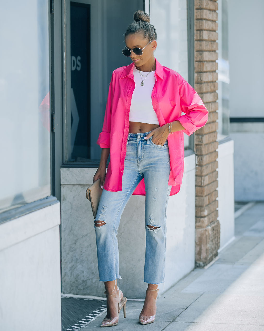 Leslie Button Up Cotton Top - Hot Pink - FINAL SALE