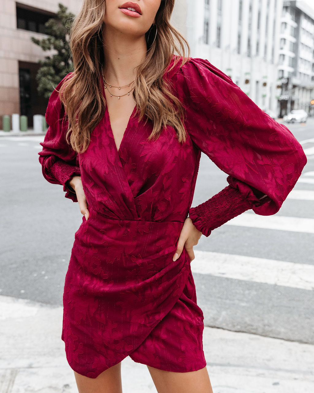 Define The Moment Floral Drape Mini Dress - Wine