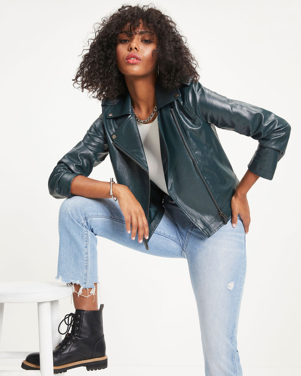 Jingle Bell Rock Pocketed Faux Leather Biker Jacket - Pine