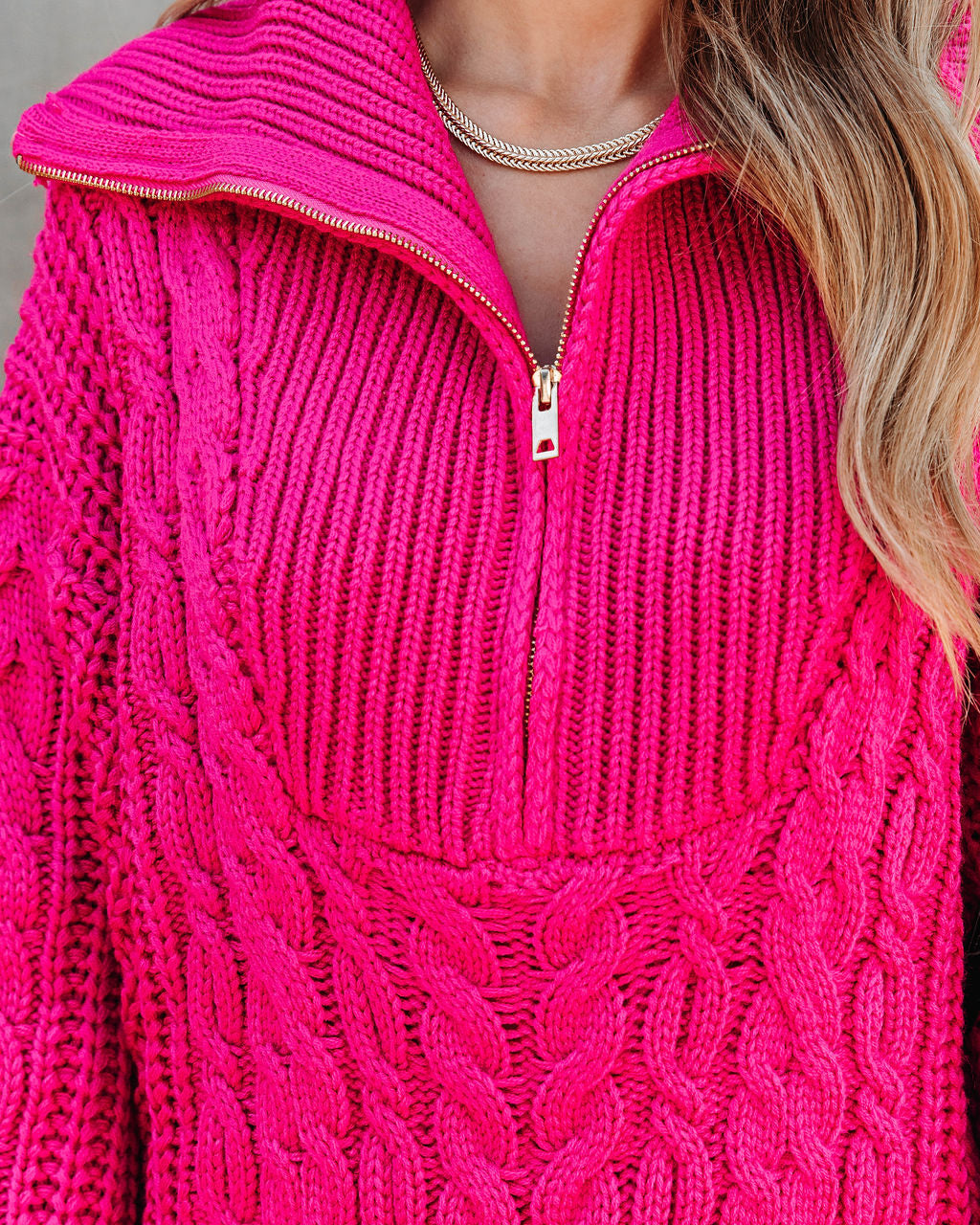 So Fetch Cable Knit Half Zip Sweater Dress - Hot Pink - SALE