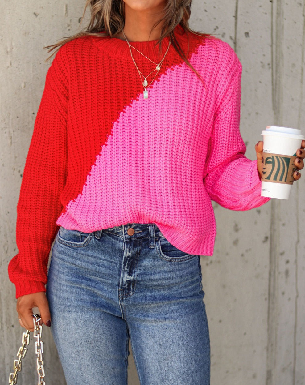City Babe Knit Colorblock Pullover Sweater - Red Pink