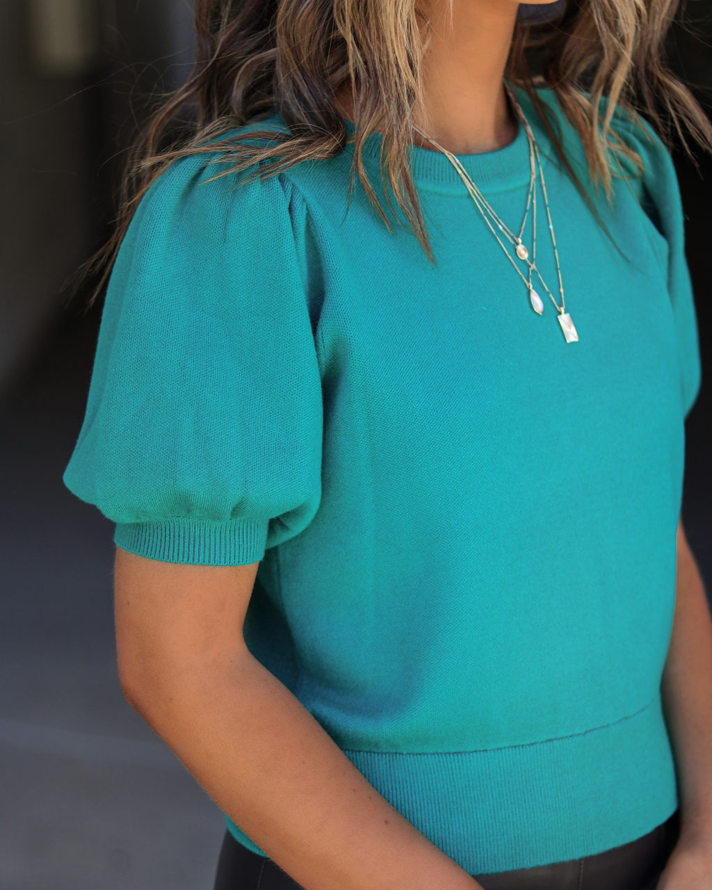 Livia Puff Sleeve Knit Sweater Top - Teal
