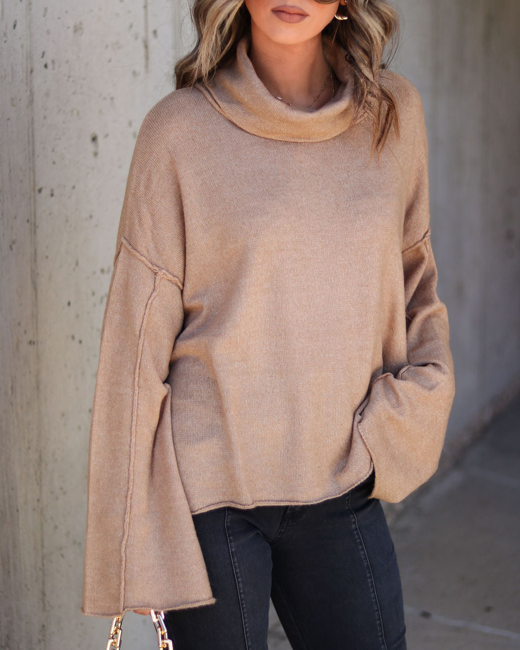 Unfinished Biz Knit Turtleneck Pullover Sweater - Latte