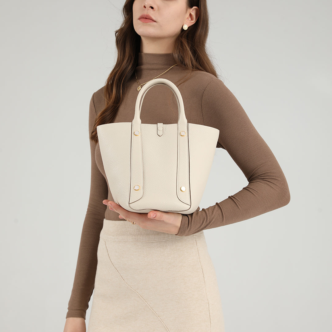 Handmade Cream White TOGO Leather Picotin Tote Bag - Small