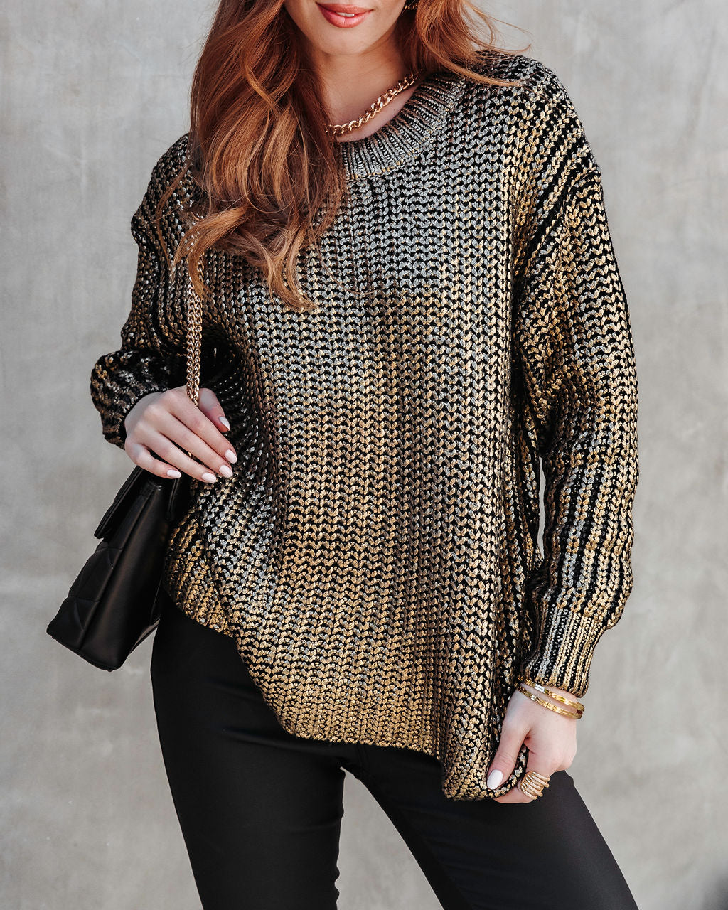 Delightful Cheer Metallic Knit Pullover Sweater - Gold