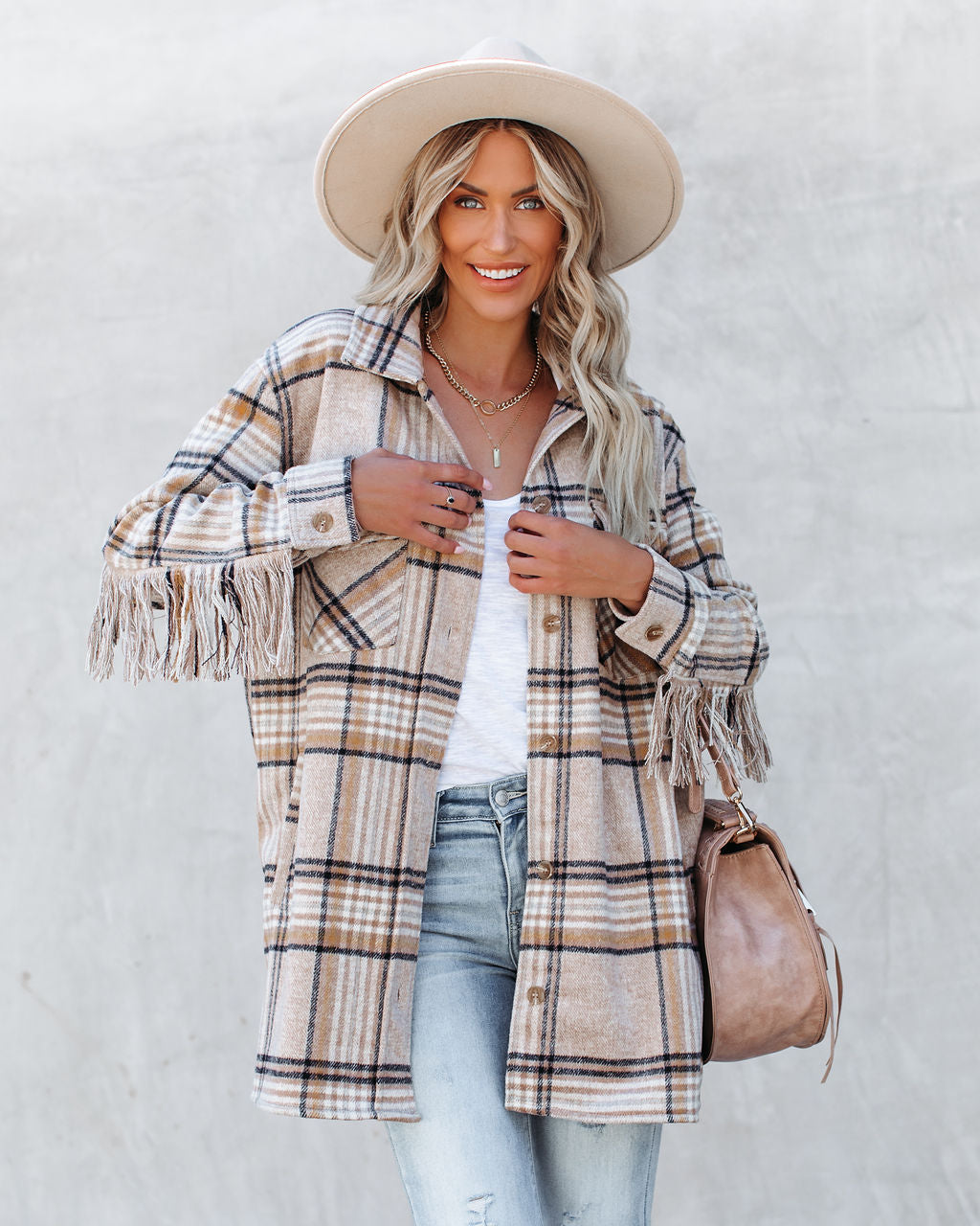 Give Thanks Pocketed Fringe Plaid Coat