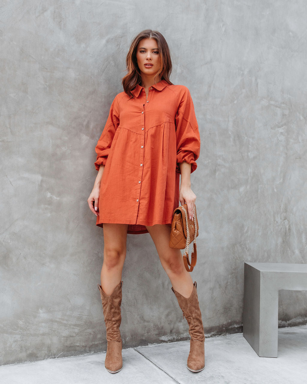 Little Bit Of Spice Pocketed Button Down Shirt Dress - Rust