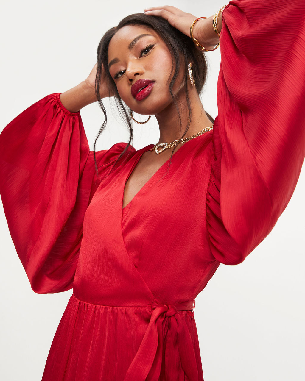 Whitney Satin Wrap Ruffle Mini Dress - Red