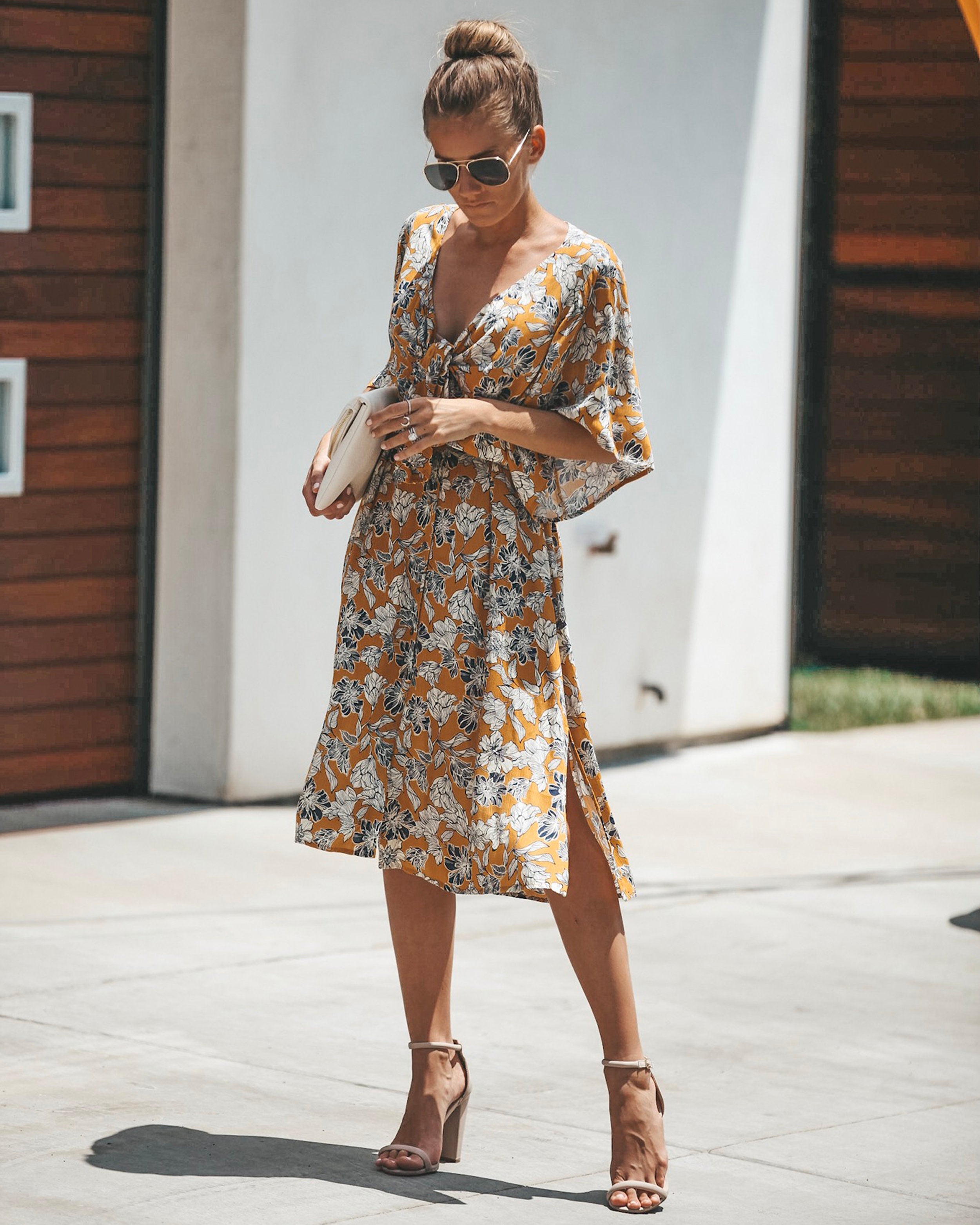 Jaune Floral Knot Front Midi Dress