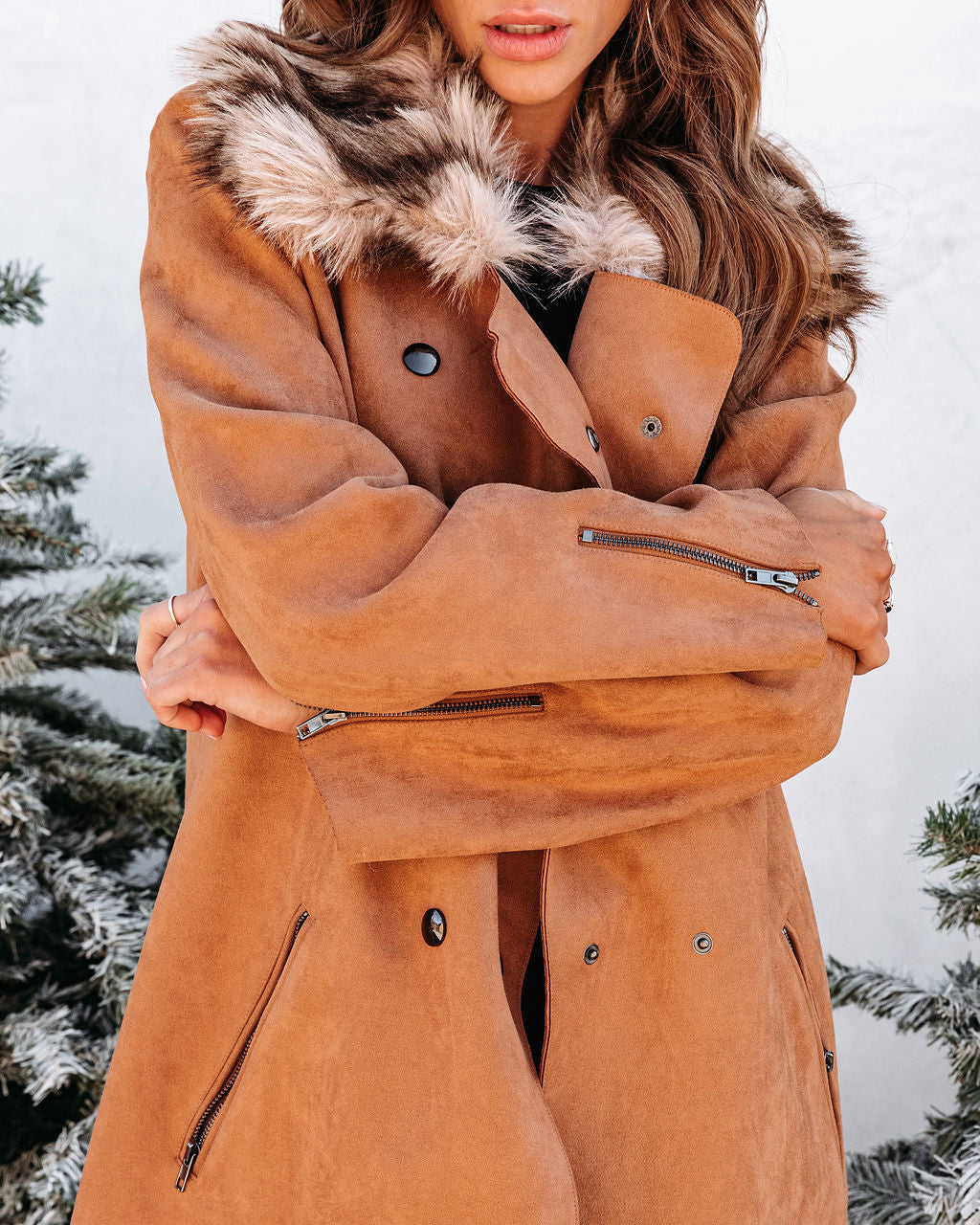 Felicity Faux Fur Pocketed Jacket - Camel