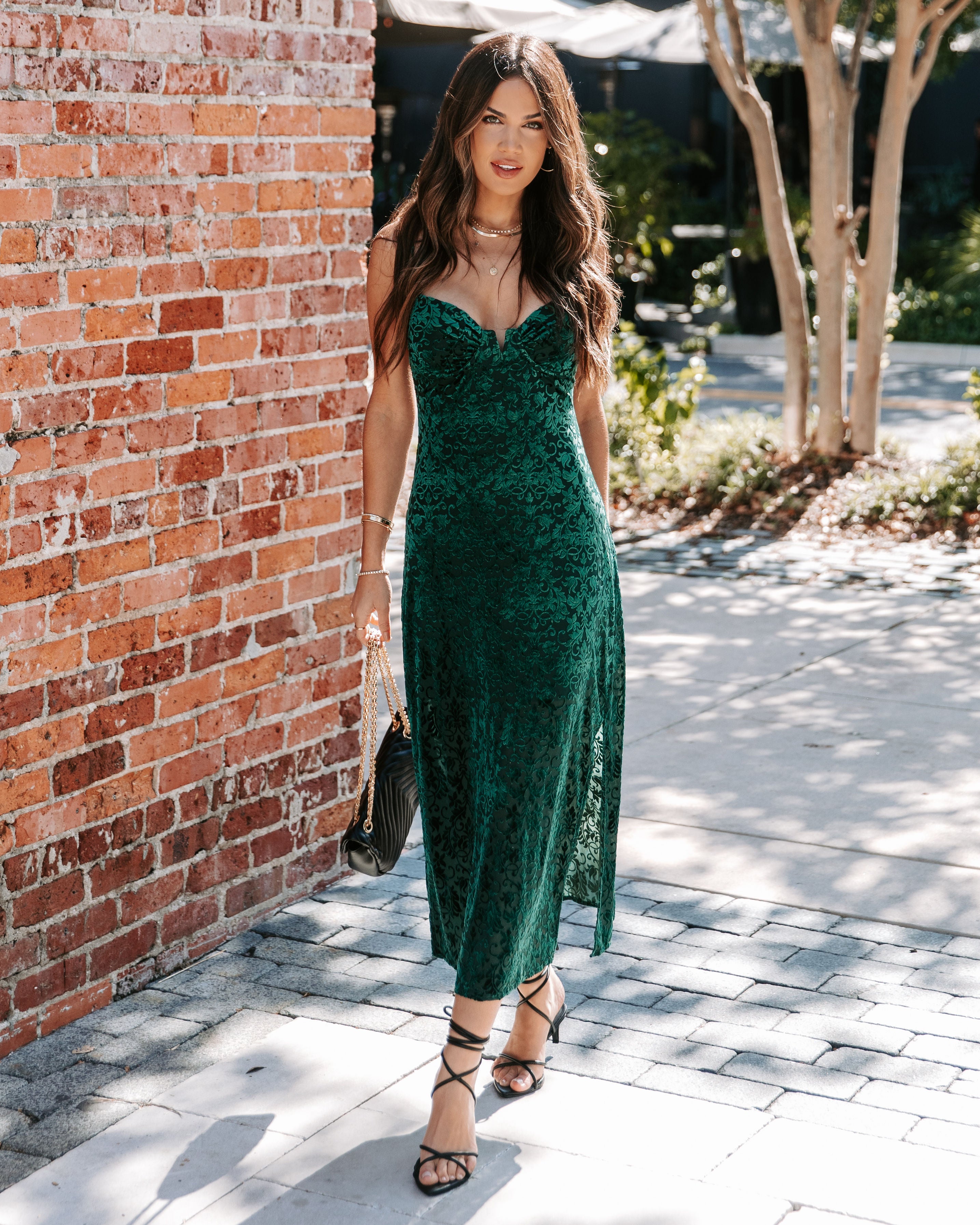 Keeping Secrets Floral Velvet Side Slit Midi Dress - Pine