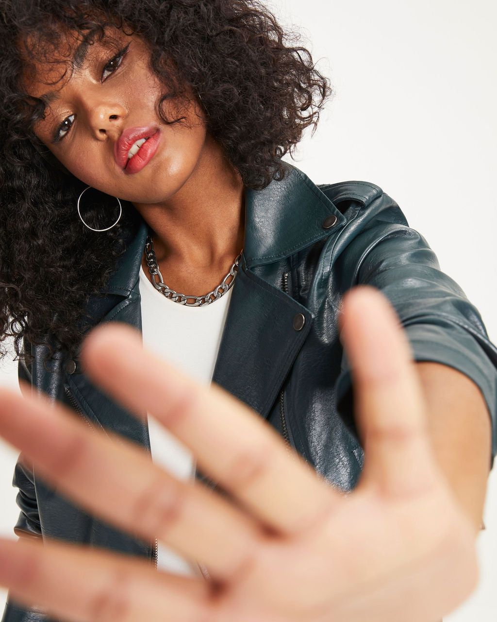 Jingle Bell Rock Pocketed Faux Leather Biker Jacket - Pine