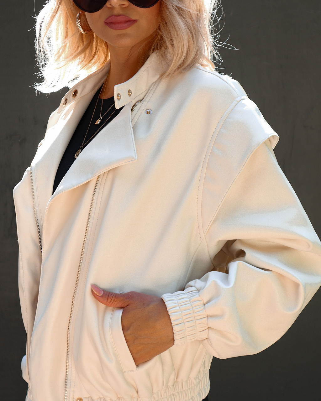 Without Limits Pocketed Faux Leather Jacket - Cream