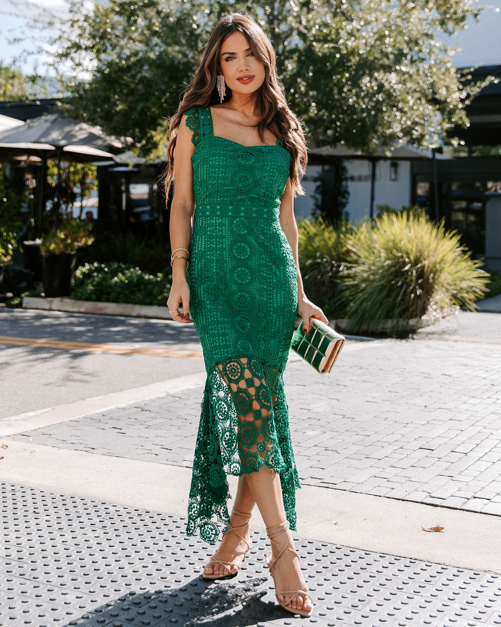 Dare To Be You Crochet Lace Ruffle Midi Dress - Emerald