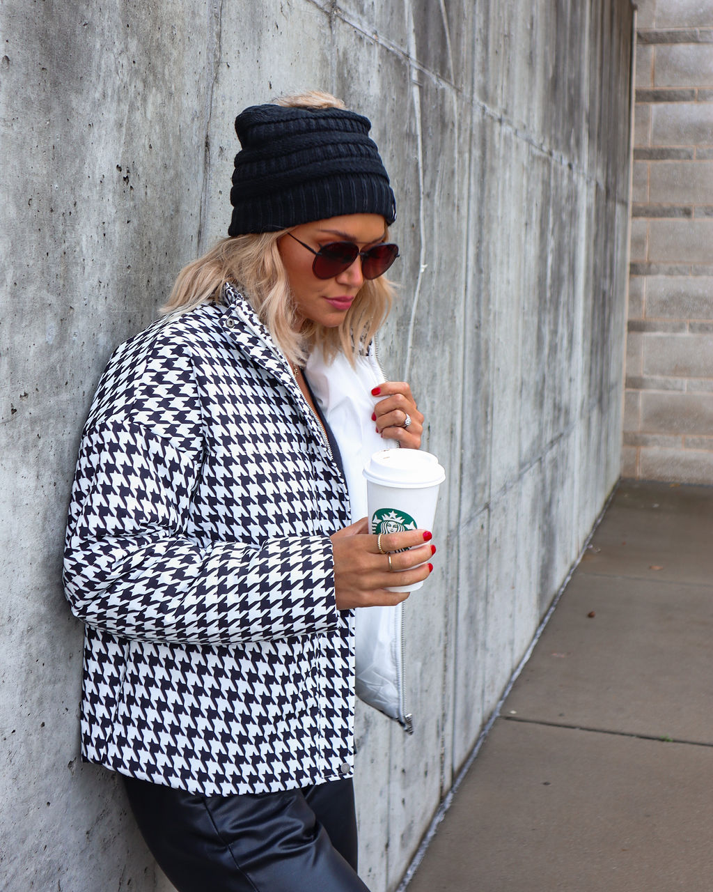Meet Me At The Rink Houndstooth Pocketed Puff Jacket