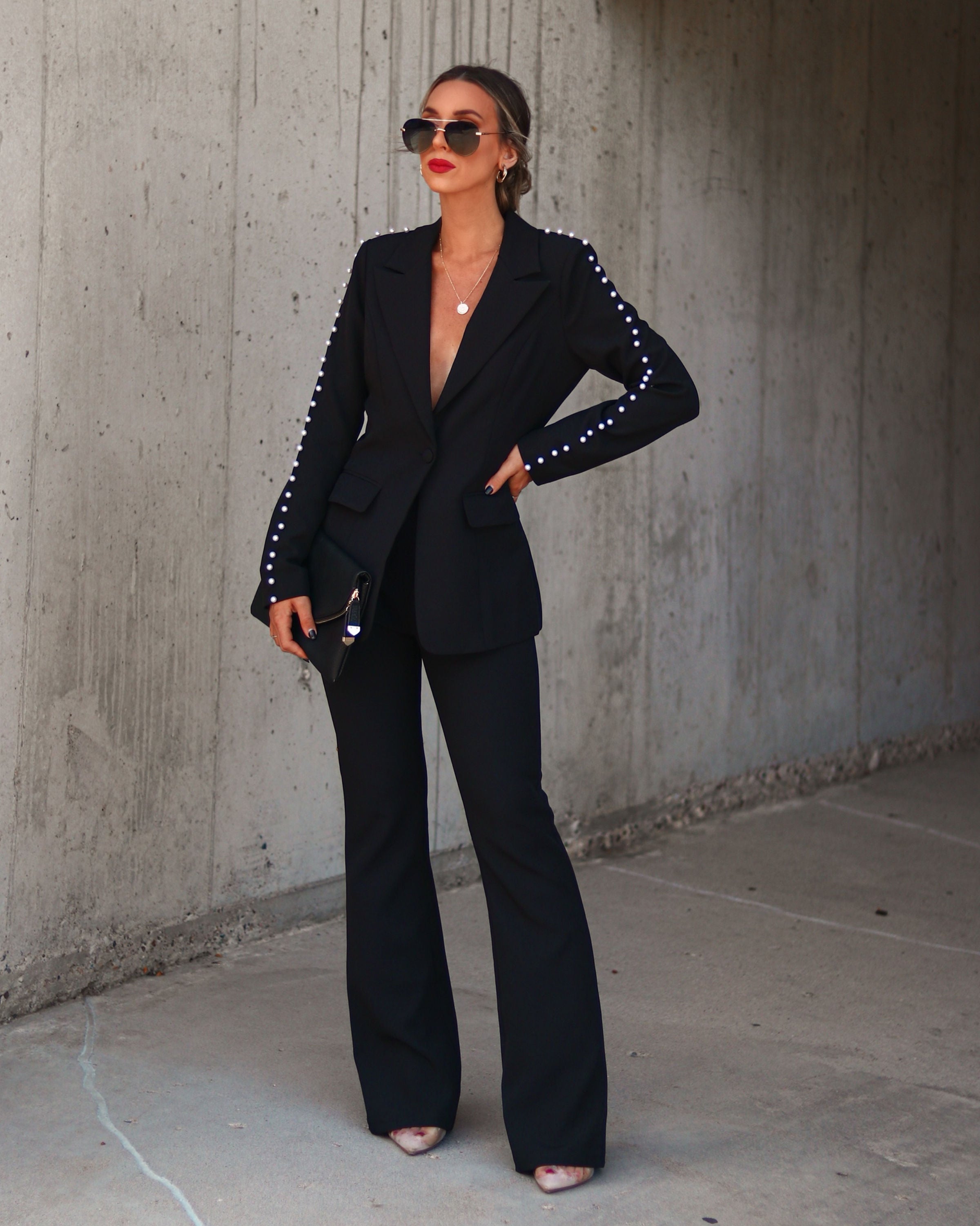 Michella Pocketed Pearl Blazer - Black